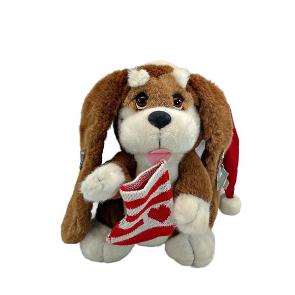 NOS Applause Christmas Long Ear Puppy Dog Santa Hat w/Stocking Plush Animal - Picture 1 of 8